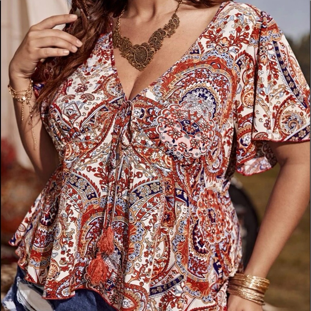 Boho Plus Size Floral Paisley Print V neck Butterfly Sleeve Tassel Top Blouse - Picture 5 of 7